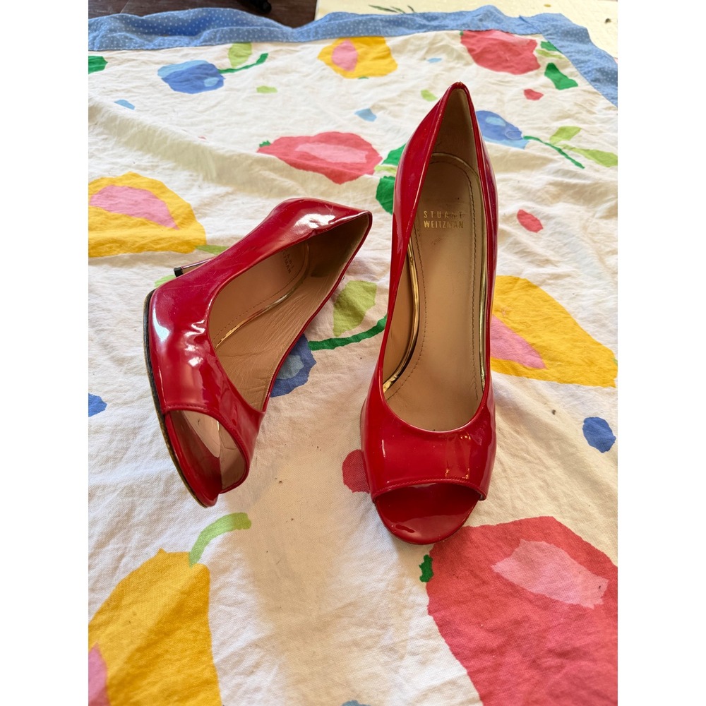 Stuart Weitzman Red Patent Leather Peep Toe Pumps Stiletto Heels Womens